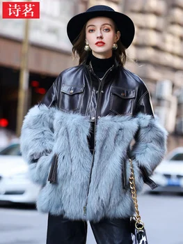 Зимнее Новое Модное Повседневное Синее Меховое женское пальто из овчины и натуральной кожи, пуховик