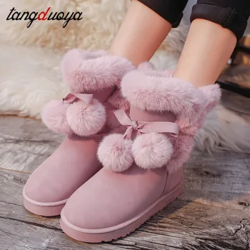 розовые женские зимние ботинки, сохраняющие тепло плюшевые сапоги, женские ботильоны, женская повседневная зимняя обувь на меху botas mujer