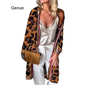 Женская верхняя одежда с длинным рукавом и открытой передней частью, теплое зимнее пальто с леопардовым принтом