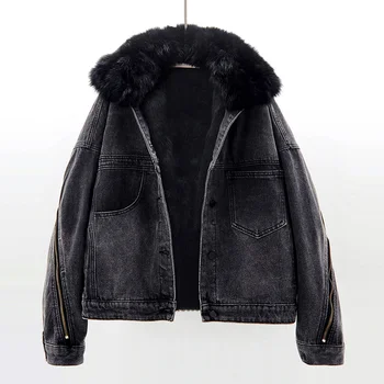 Зимняя джинсовая куртка Для Женщин, Съемный воротник из лисьего меха, подкладка из кроличьего меха, Джинсовая куртка, пальто, Свободная молния сзади, Черная Верхняя одежда, Женская