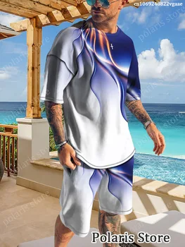 Красочный спортивный костюм Для мужчин, комплект из 2 шорт, одежда большого размера, Летний повседневный пляжный стиль, футболки с 3D принтом, костюм, спортивная одежда