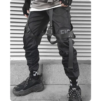 Функция кармана комбинезона больше мужских брюк брюки десантников в стиле хип-хоп с лентой, свободные брюки для ног