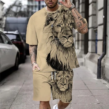 Большие размеры, крутая мужская футболка с 3D принтом льва, Шорты, Комплект для занятий спортом, фитнесом, Летний уличный стиль, негабаритный графический комплект из 2 предметов, мужская одежда