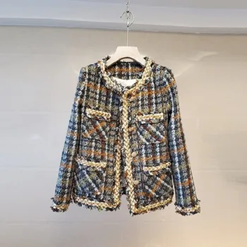 Новый винтажный твидовый пиджак для подиума, Женские дизайнерские пуговицы с круглым вырезом и длинным рукавом, Осенне-зимняя шикарная куртка, Элегантное пальто 2020
