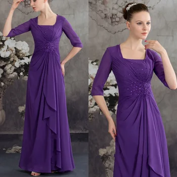 Фиолетовые платья Матери Невесты с квадратным воротником и складками, Шифоновое платье с бисером, свадебное платье с коротким рукавом, Плюс Длинное Вечернее платье