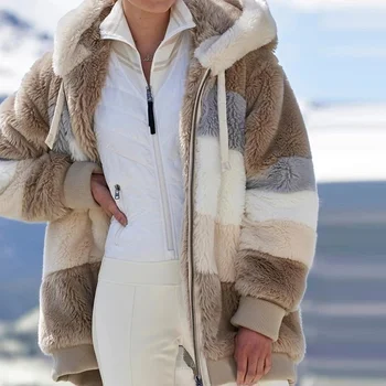 Женское зимнее пальто 2021 года, Модный Плюшевый карман на молнии в стиле пэчворк, Новые Куртки С капюшоном, Длинный рукав, Свободная Повседневная Теплая верхняя одежда, Женские Ins