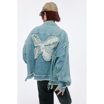 Женская Свободная Повседневная уличная одежда с вышивкой бабочки, модная винтажная джинсовая куртка, весенне-осеннее джинсовое пальто для мужчин и женщин