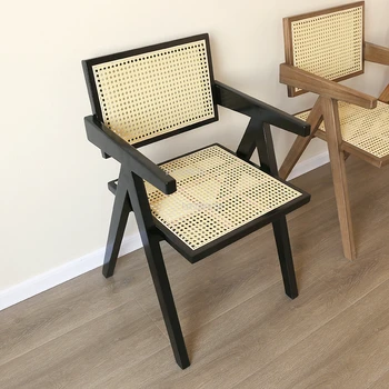 Обеденные стулья из массива Скандинавской древесины для кухни, Домашний обеденный стул из ротанга, мебель для гостиной, Японское Кресло для отдыха со спинкой