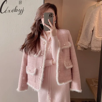 Корейский Розовый твидовый жакет, Женское милое дизайнерское пальто с круглым вырезом, универсальное осенне-зимнее роскошное пальто в стиле ретро с длинным рукавом, однобортное