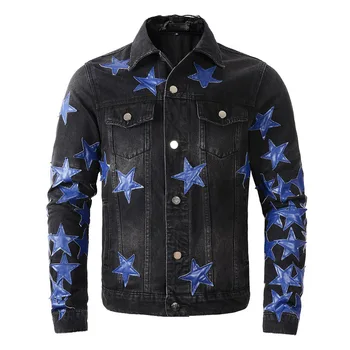 Большие размеры, ретро Черная потертая одежда для мужчин, Синие кожаные звезды, Тонкие пуговицы, карманы, рваные джинсовые куртки в стиле пэчворк, M-4XL