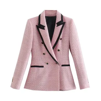 2023 Новое двубортное Пальто с Небольшим Запахом, Сшитое на заказ, Модный Контрастный Топ с длинными рукавами, Розовый Твидовый Блейзер Для Женщин