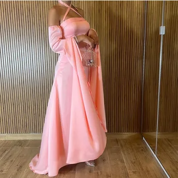 Элегантные платья для выпускного вечера без бретелек с длинным рукавом, с розовым атласным вечерним платьем длиной до щиколоток, с плиссированными vestidos