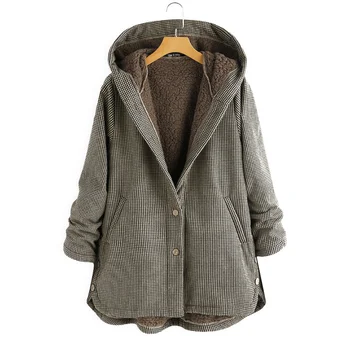 Пальто Осенне-зимнее Новое женское Свободное в клетку плюс бархатные пуговицы, уличная куртка с капюшоном Manteau Femme Ru*