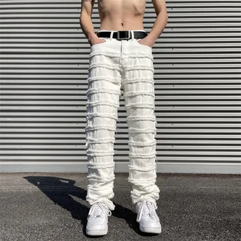 Уличные джинсы с необработанным краем, поврежденные эрозией в американском стиле, Мужские Прямые белые джинсы в стиле хип-хоп для танцев в стиле Харадзюку, Женская одежда Y2k
