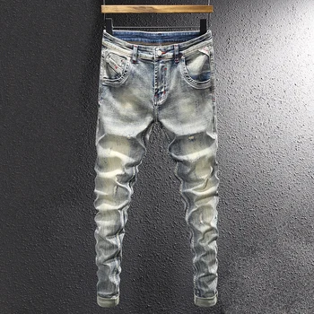 Модные Мужские джинсы в Итальянском Стиле, Эластичные Рваные Джинсы в стиле Ретро, Облегающие, Мужские Винтажные Дизайнерские Стрейчевые Повседневные Джинсовые брюки Hombre