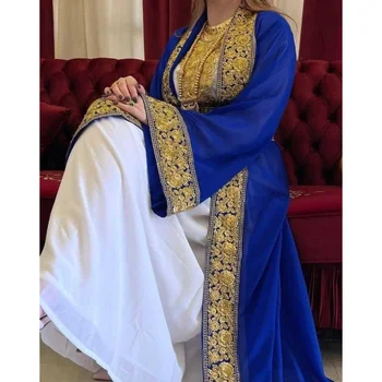Сине-белый Королевский африканский костюм Подружки невесты Абая Длиной Макси Дубай Марокканская Длинная рубашка Европейские и американские модные тенденции