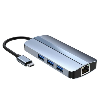 6-В-1 USB C Концентратор Док-станция Type C USB-КОНЦЕНТРАТОР USB3.0 RJ45 1000 Мбит/с, Устройство для чтения карт SD TF, зарядное устройство PD Мощностью 100 Вт, совместимое с HDMI