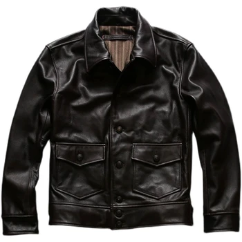 Повседневная куртка в стиле ретро, темно-коричневая осенняя кожаная куртка Для мужчин, Большие размеры 4XL, натуральная воловья кожа, приталенное пальто из натуральной кожи