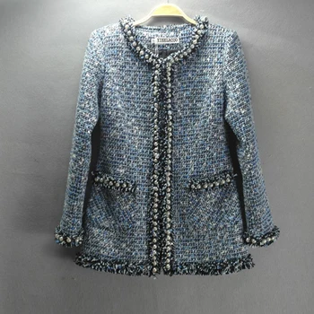 Твидовая куртка женская с бусинами, усовершенствованная синяя, на заказ, тяжелая осенне-зимняя женская куртка, пальто с длинными рукавами, женское твидовое пальто, цельное