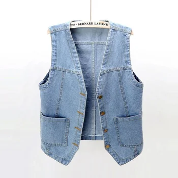 Модный джинсовый жилет с V-образным вырезом, женская весенне-летняя куртка с коротким рукавом, повседневное однобортное джинсовое пальто Оверсайз