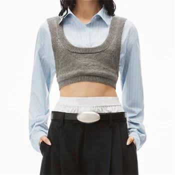 стильная женская блузка 2023, осенняя новинка, корейская модная женская рубашка в полоску, эластичная трикотажная лоскутная поддельная рубашка-двойка y2k