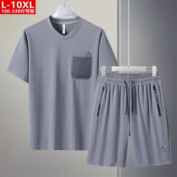Летняя спортивная повседневная дышащая футболка с короткими рукавами из быстросохнущего шелка размера плюс, шорты из двух частей, спортивный костюм XL 3XL 10XL 9XL