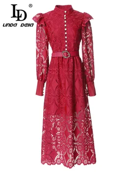 LD LINDA DELLA Летнее модное винтажное платье для подиума, Женское однобортное платье для путешествий с отворотом и открытым принтом