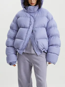 Женское однотонное пуховое пальто с утолщенным капюшоном, Теплая Женская Короткая куртка на молнии с длинным рукавом 2023 Зима