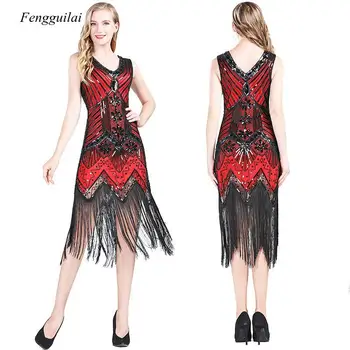Платье с пайетками в стиле ретро, украшенное кисточками, платье с большим V-образным вырезом, вечернее платье