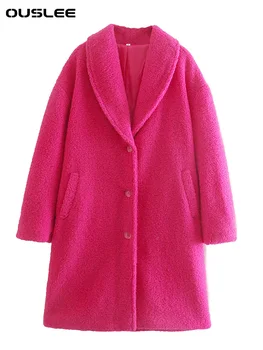 OUSLEE-Женское двустороннее шерстяное пальто средней длины, Розово-красное, Дизайнерское для подиума, высокое качество, осенне-зимняя мода