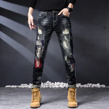 2023 Новые модные байкерские джинсы Мужские Потертые Стрейчевые Рваные в стиле хип-хоп, приталенные, с дырками, панковские Джинсовые Хлопковые брюки высокого качества