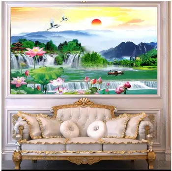 изготовленная на заказ фреска 3D фотообои Водопад с Лотосом, Струящаяся вода, Красное Солнце, Декорации для домашнего декора, обои для стен, 3d гостиная