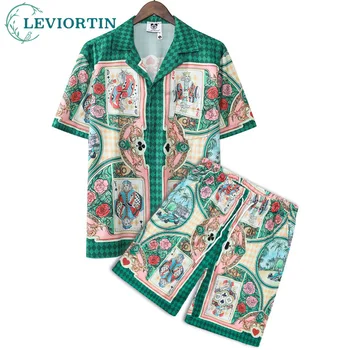 Повседневный комплект Пляжных шорт на Гавайях, Мужские Винтажные рубашки с цветочным принтом в стиле покер 90-х, Летние Рубашки с коротким рукавом в корейском стиле Оверсайз, Мужская Уличная одежда