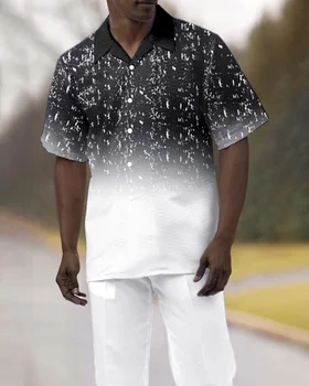 2023 мужская рубашка с короткими рукавами + костюмные брюки из двух предметов, уличная повседневная черная однобортная рубашка с лацканами и принтом, прогулочный костюм 4XL