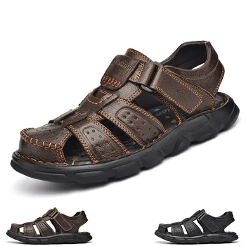 Уличные сандалии для мужчин 2023, Повседневные мужские сандалии, летняя обувь из натуральной кожи Leahter, Дышащая Пляжная обувь большого размера для мужчин