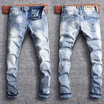 Модные винтажные мужские джинсы ретро светло-голубого цвета, классические джинсы Slim Fit, мужские дизайнерские повседневные хлопковые джинсовые брюки в итальянском стиле Hombre