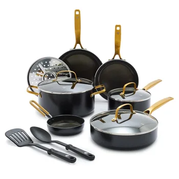 Набор керамической посуды с антипригарным покрытием Gold Edition, 12 предметов, без PFAS, Набор кастрюль и сковородок для приготовления пищи