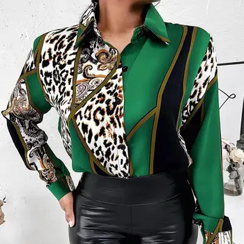 Элегантная женская рубашка С модным геометрическим леопардовым принтом, отворотом и длинным рукавом, однобортная офисная женская рубашка, топ, блузка, блузы