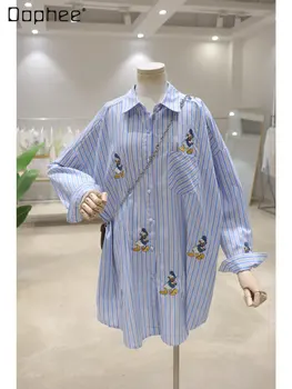 Полосатая Рубашка средней длины в Корейском Стиле с Мультяшной Вышивкой и длинными рукавами в Полоску для Женщин 2022, Осенняя Свободная Хлопковая Рубашка для Похудения, Женская