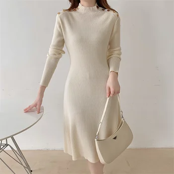 Элегантное Длинное Вязаное платье Женская Корейская мода Y2K, Вязаное платье с пуговицами, Облегающее платье с высокой талией и Длинным рукавом 2021