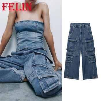 TRAF 2023 Летние Повседневные женские джинсовые брюки-карго на молнии С карманами, Длинные брюки с высокой талией и пуговицами, Модные женские однотонные брюки