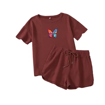 Летний комплект Женской одежды Больших размеров, Комплекты из двух предметов, Женские наряды, Короткие брюки, Летние хлопковые футболки с круглым вырезом и бабочкой