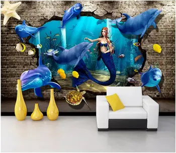 Пользовательские фрески 3d фото обои Морской мир Дельфин Русалка гостиная Домашний декор 3d настенные фрески обои для стен 3 d