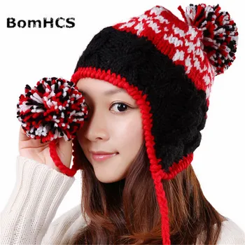 BomHCS Модная Новая зимняя теплая Лыжная шапочка-ушанка Женская шерстяная вязаная шапка ручной работы