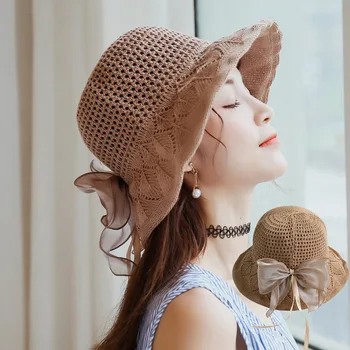 K27 Летняя Солнцезащитная шляпа с полой сеткой, женская шляпа Рыбака с бантом, Корейская версия солнцезащитных шляп из чистого хлопка