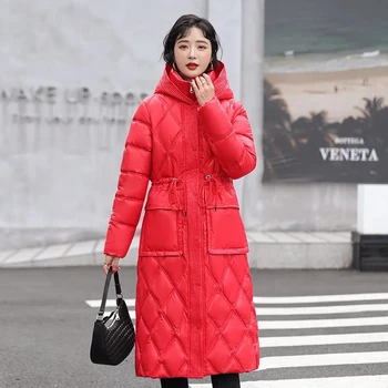 Длинная Толстая женская зимняя корейская версия с глянцевой хлопчатобумажной подкладкой 2023, Свободная пуховая куртка с хлопчатобумажной подкладкой для матери среднего возраста, пальто Tide