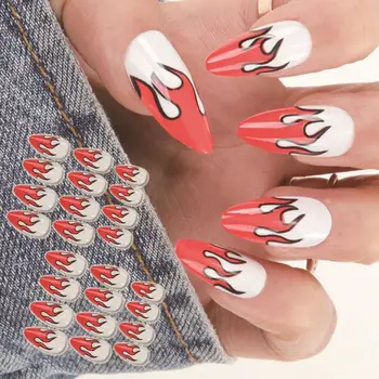 24 шт. кончик ногтя Полное покрытие DIY Пресс на ногти Красный Огненный Огонь Хэллоуин Длинные накладные ногти