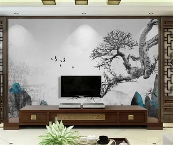 Пользовательские обои Новый китайский абстрактный чернильный пейзаж ветка дерева птица диван телевизор спальня фон стены 3D обои