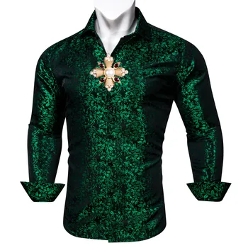 Весенне-осенняя мужская рубашка, темно-зеленые топы с отворотом и цветочным рисунком, новинка, повседневный крой с длинным рукавом, свадебная вечеринка, деловой костюм.Wang CY-649
