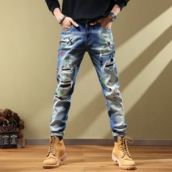 Модные мужские узкие джинсы, рваные мужские роскошные дизайнерские брюки с краской из спрея